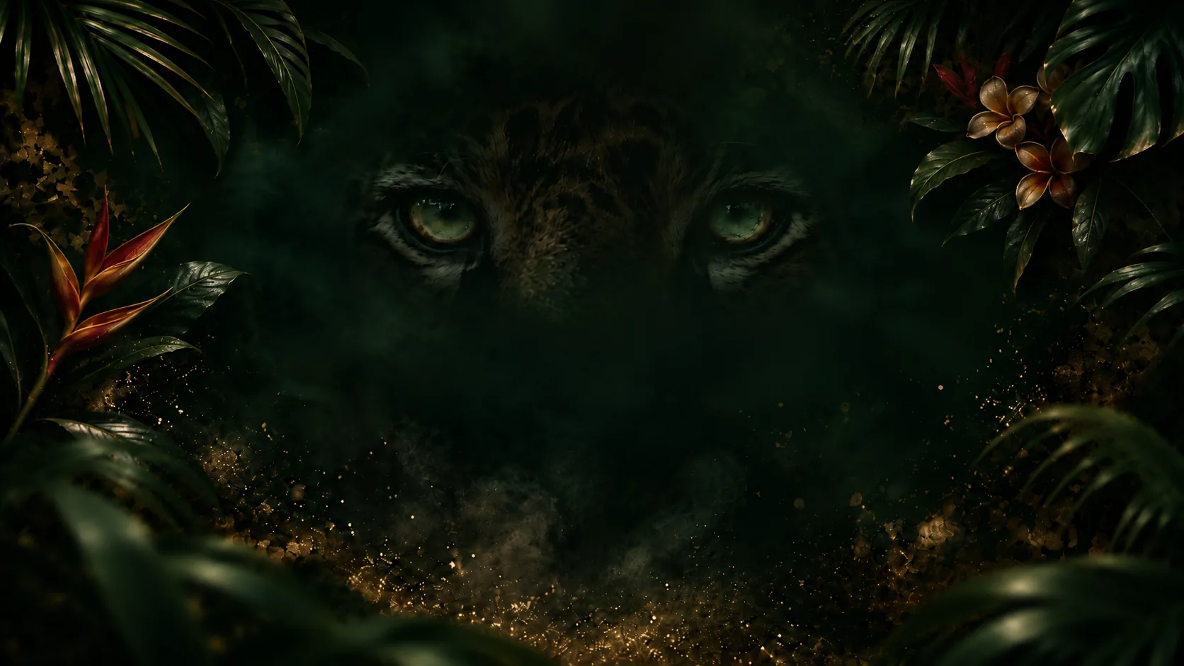 Jaguar entre el follaje tropical de un bosque oscuro